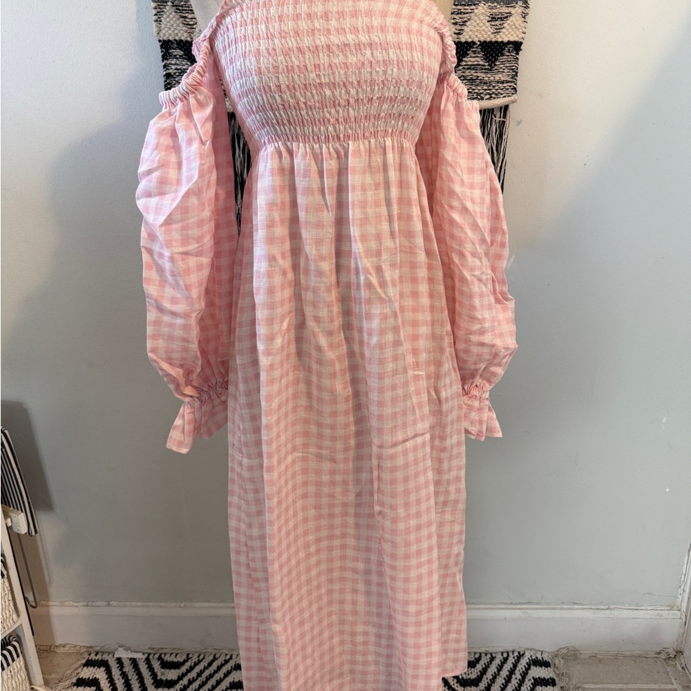 Sleeper Pink and White Smocked Off-the-Shoulder Sundress